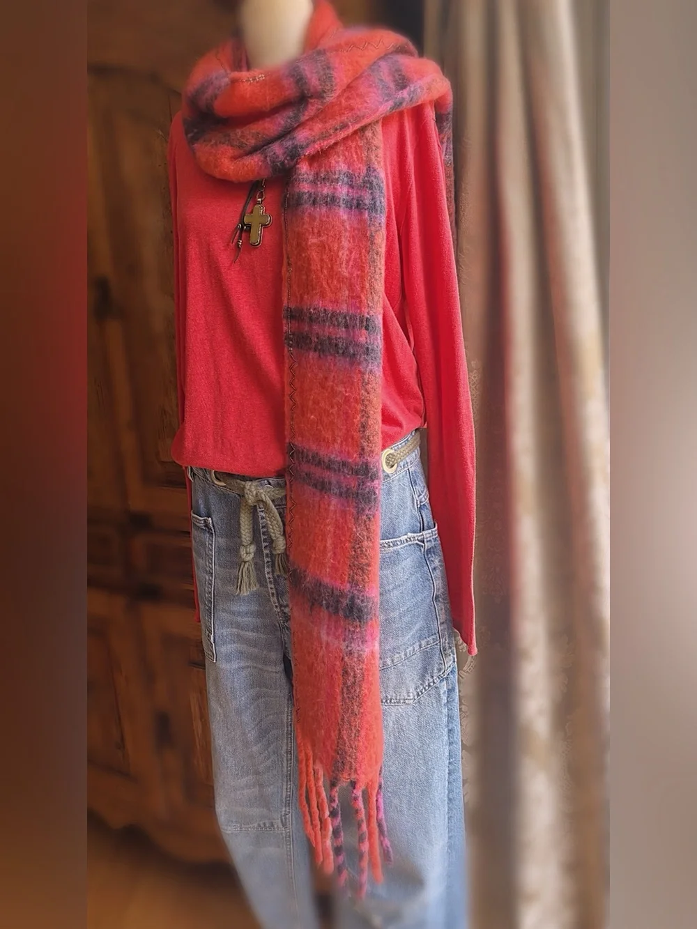 Free People Beaded Plaid Scarf – Pink Combo / NWT